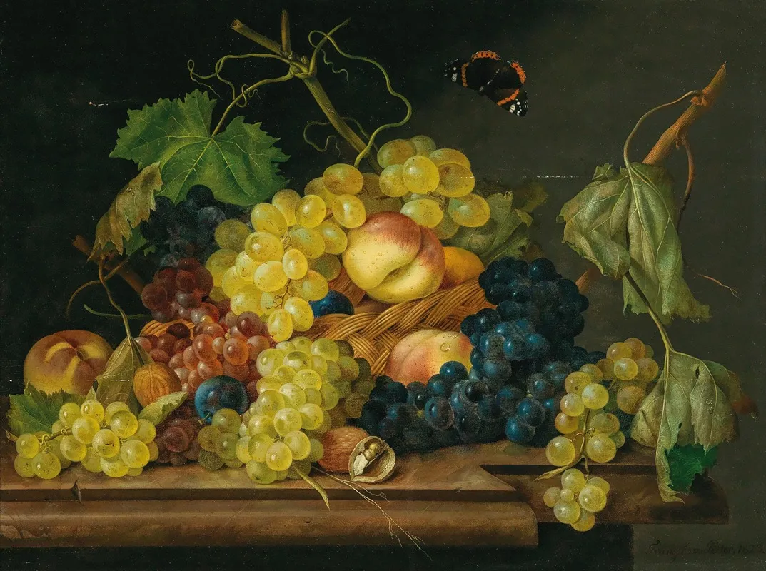 Still Life With Grapes Peaches And Walnuts Wall Art by Franz Xaver Petter - High-Resolution Digital Print