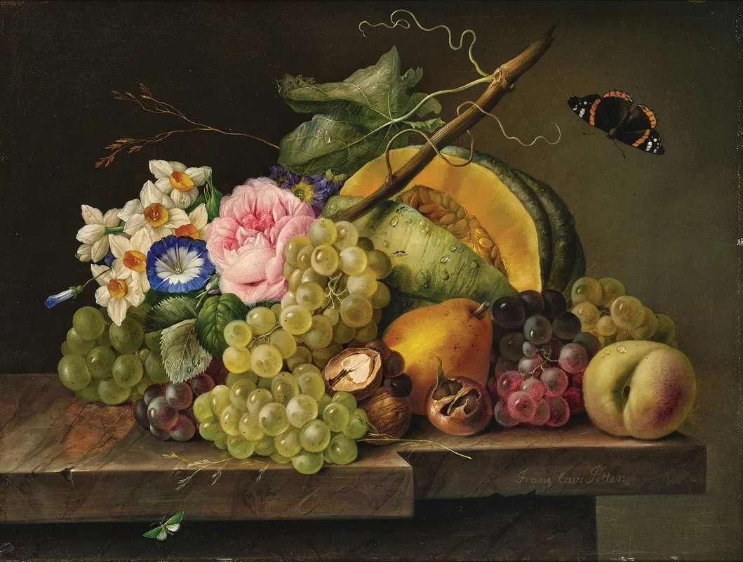 Still Life With Grapes Pumpkin Pear Walnuts Rose Daffodils And Butterfly Wall Art by Franz Xaver Petter - High-Resolution Digital Print