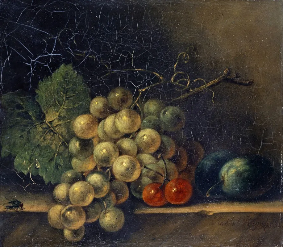 Still Life With Grapes Stone Fruit And Fly Wall Art by Rachel Ruysch - High-Resolution Digital Print