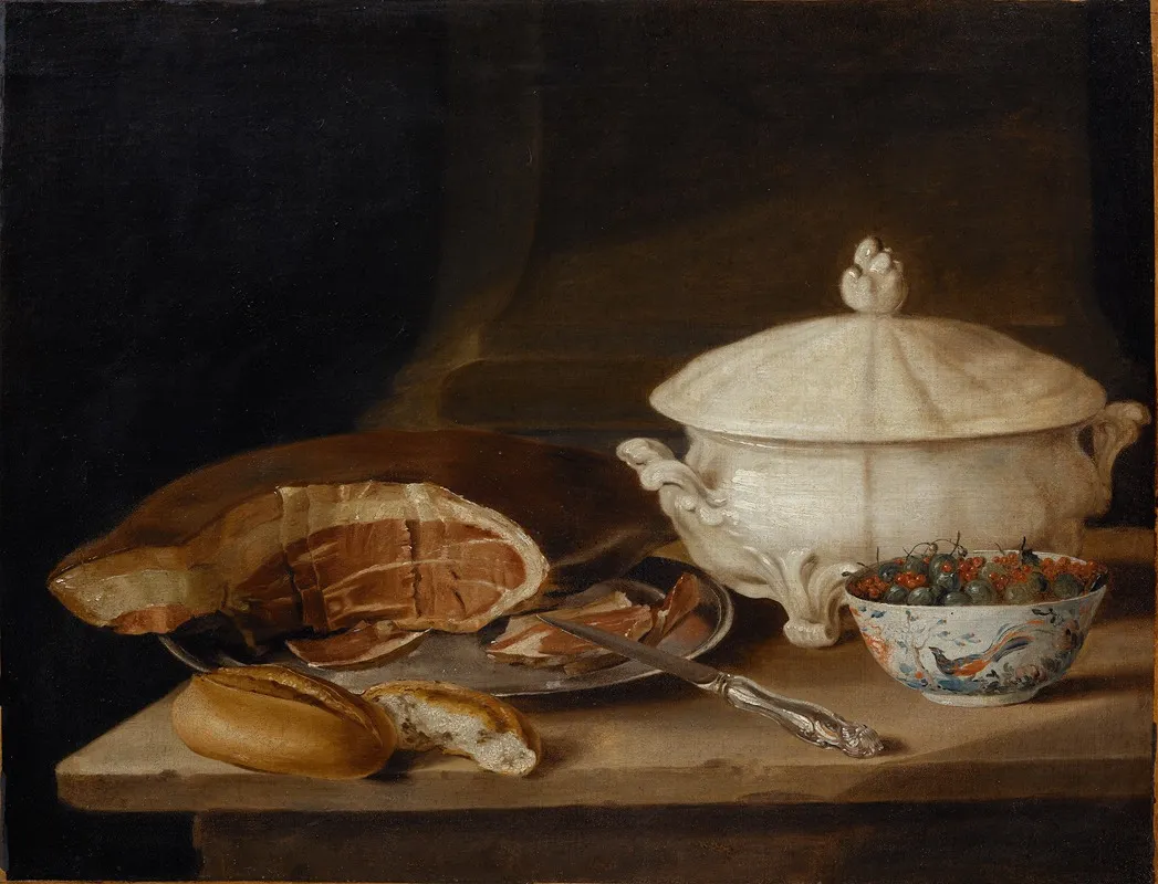 Still Life With Ham On A Pewter Dish A Faience Set And A Bowl Of Gooseberries And Red Currants