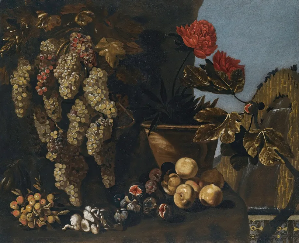 Still Life With Hanging Grapes On The Vine Figs And Fungi In A Garden Setting Wall Art by Giovanni Battista Ruoppolo - High-Resolution Digital Print