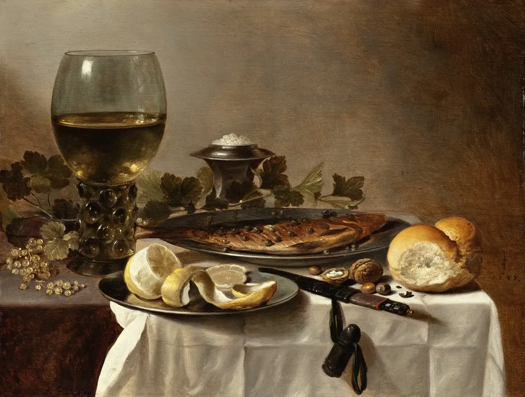 Still Life With Herring Wine And Bread Wall Art by Pieter Claesz - High-Resolution Digital Print