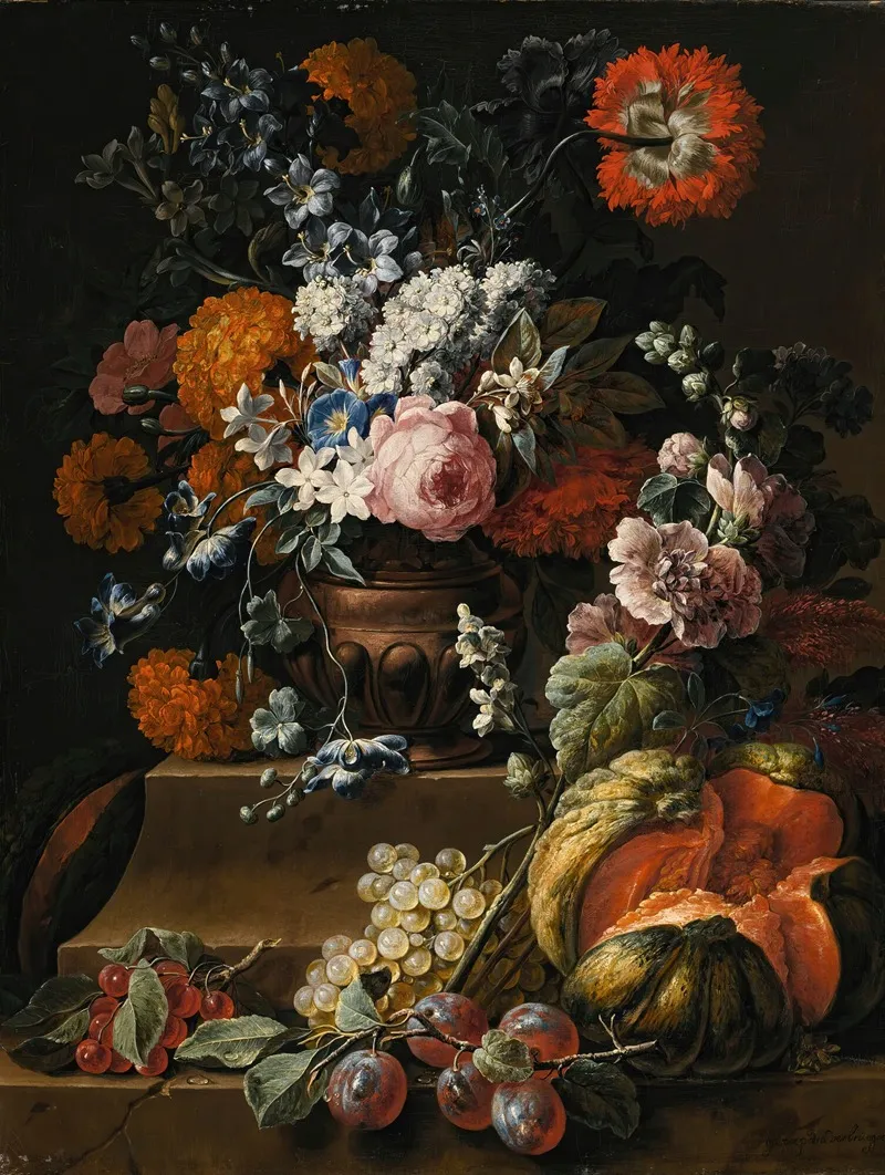 Still Life With Hollyhock Carnations And Various Flowers In A Vase On A Plinth With A Melon Cherries Grapes And Plums On A Ledge Wall Art by Gaspar Peeter Verbruggen the Younger - High-Resolution Digital Print