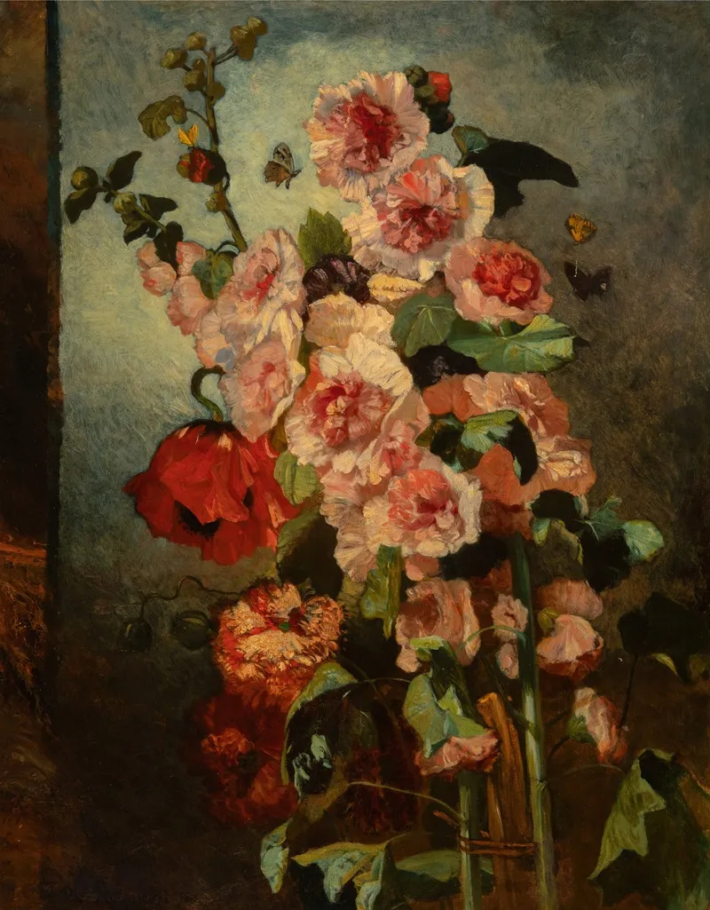 Still Life With Hollyhocks And Poppies Wall Art by Philippe Rousseau - High-Resolution Digital Print