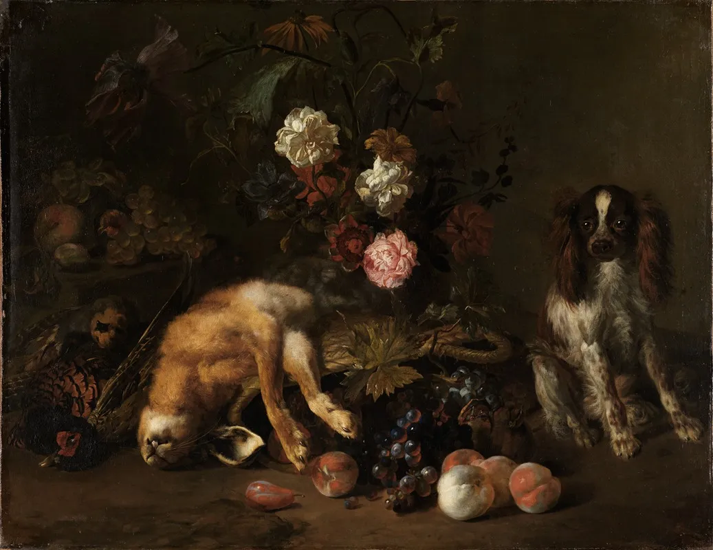 Still Life With Hunted Game Flowers Fruit And A Spaniel Wall Art by Nicolas de Largillière - High-Resolution Digital Print