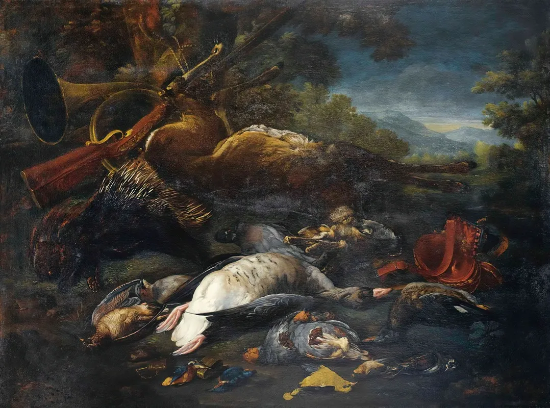 Still Life With Hunting Trophies And A Porcupine Wall Art by Baldassarre De Caro - High-Resolution Digital Print