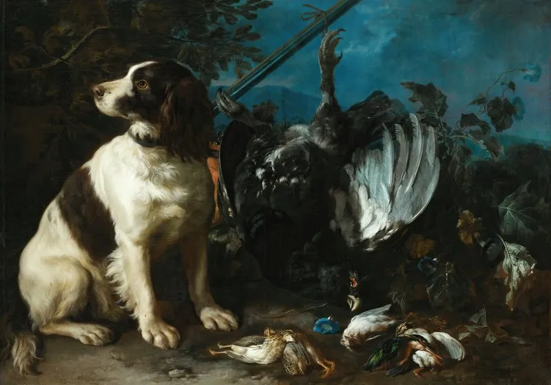 Still Life With Hunting Trophies And A Young Dog Wall Art by Franz Werner von Tamm - High-Resolution Digital Print