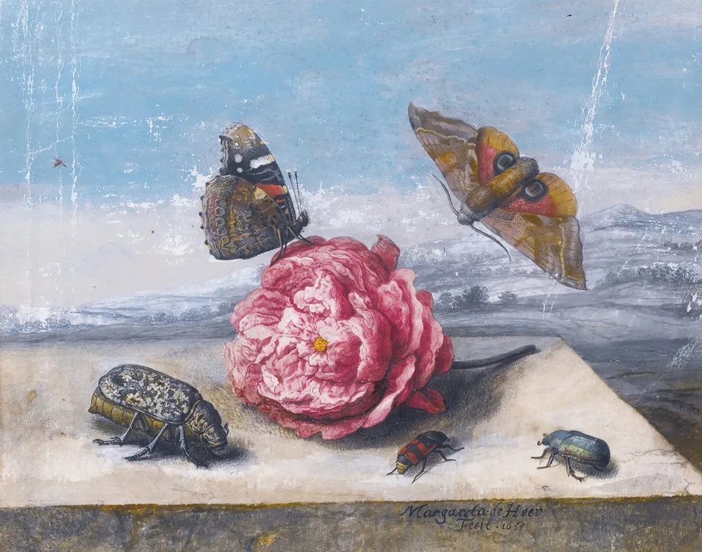 Still Life With Insects Around A Rose On A Stone Ledge Wall Art by Margareta de Heer - High-Resolution Digital Print