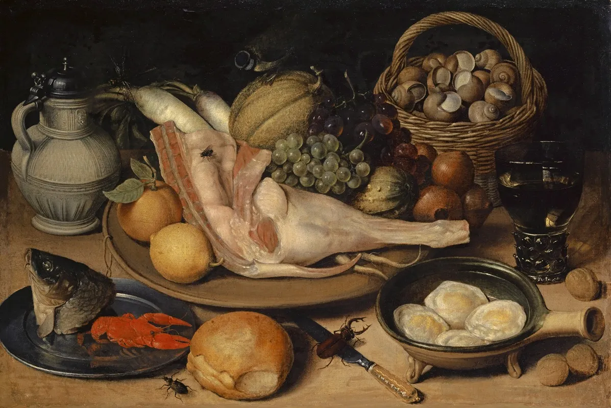 Still Life With Leg Of Veal Insects And Titmouse 2 Wall Art by Georg Flegel - High-Resolution Digital Print