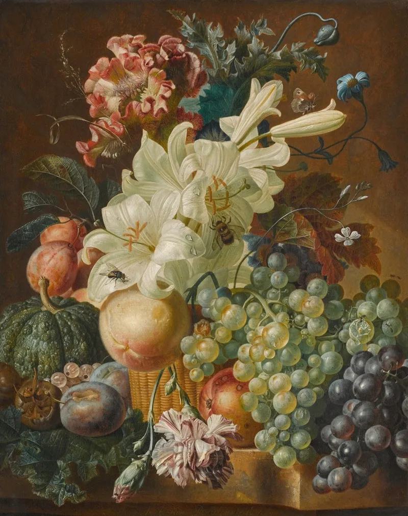 Still Life With Lilies Poppies Plums Melons And Grapes On A Ledge With Insects Wall Art by Paul Theodor Van Brussel - High-Resolution Digital Print