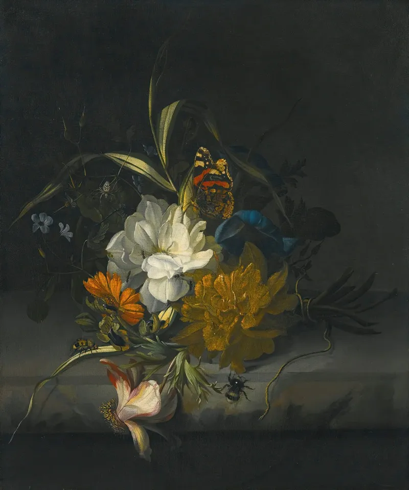 Still Life With Marigolds Morning Glory A Passion Flower And Other Assorted Flowers Together With Insects On A Stone Ledge Wall Art by Rachel Ruysch - High-Resolution Digital Print