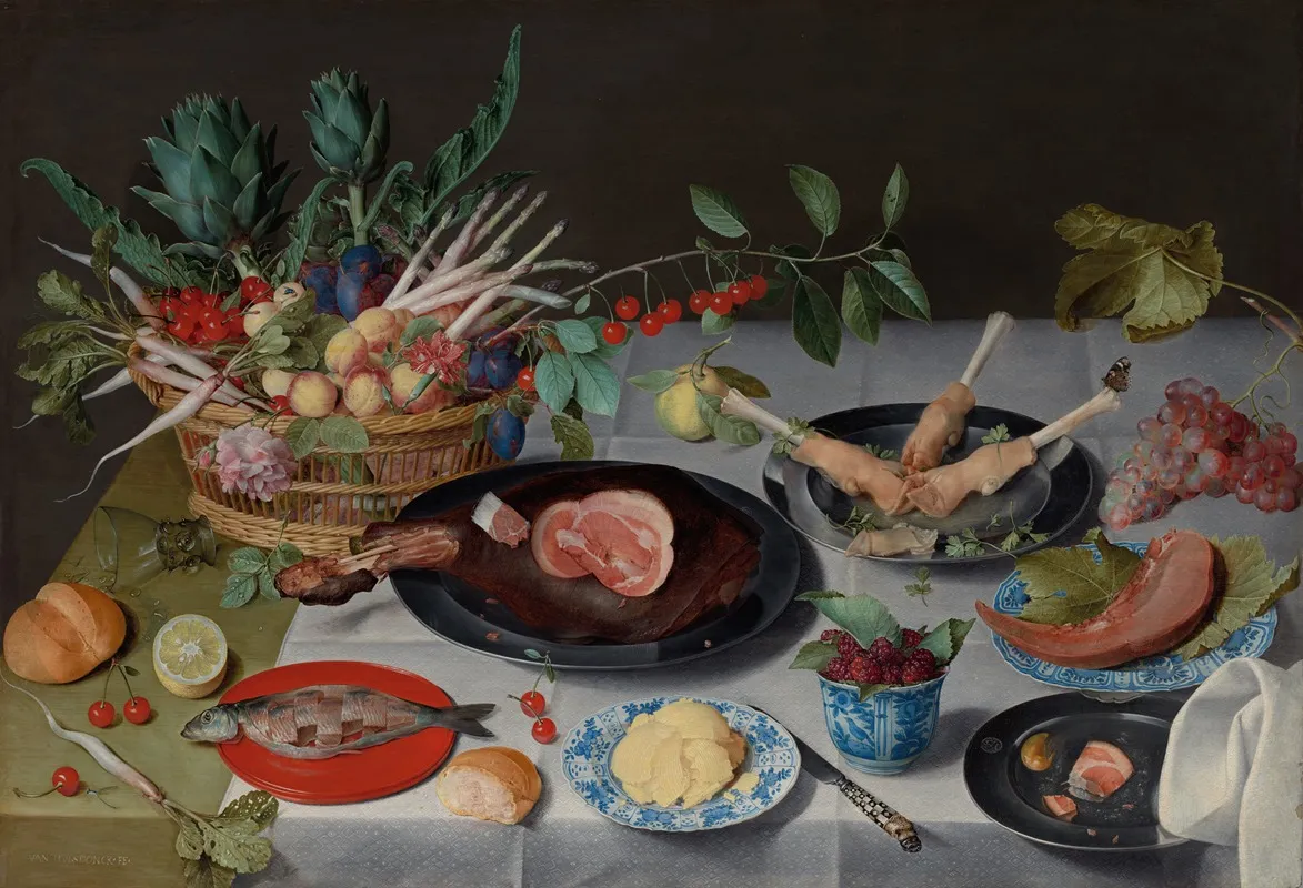 Still Life With Meat Fish Vegetables And Fruit 2 Wall Art by Jacob van Hulsdonck - High-Resolution Digital Print