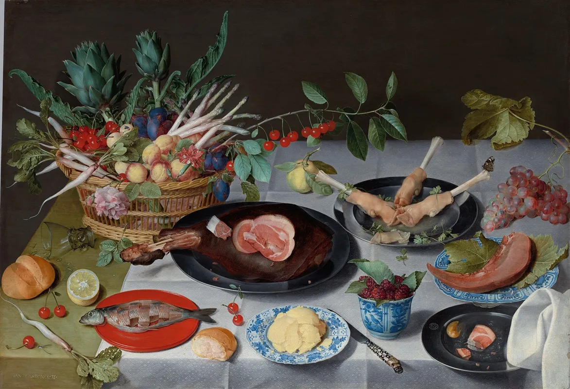 Still Life With Meat Fish Vegetables And Fruit Wall Art by Jacob van Hulsdonck - High-Resolution Digital Print
