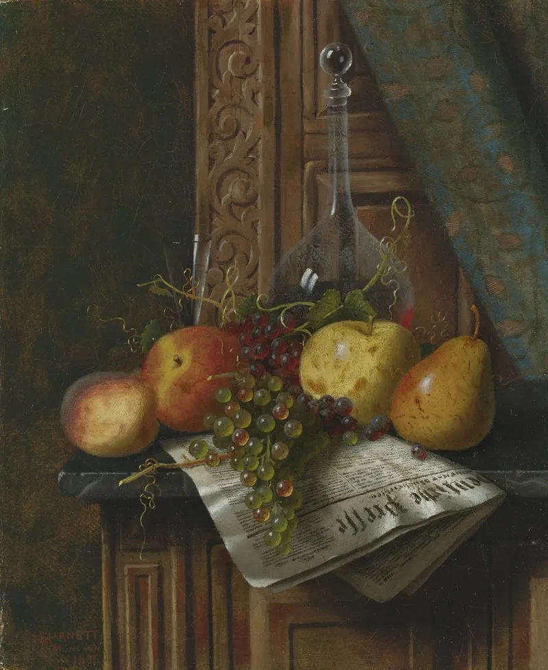 Still Life With Munich Newspaper Fruit And Decanter Wall Art by William Michael Harnett - High-Resolution Digital Print