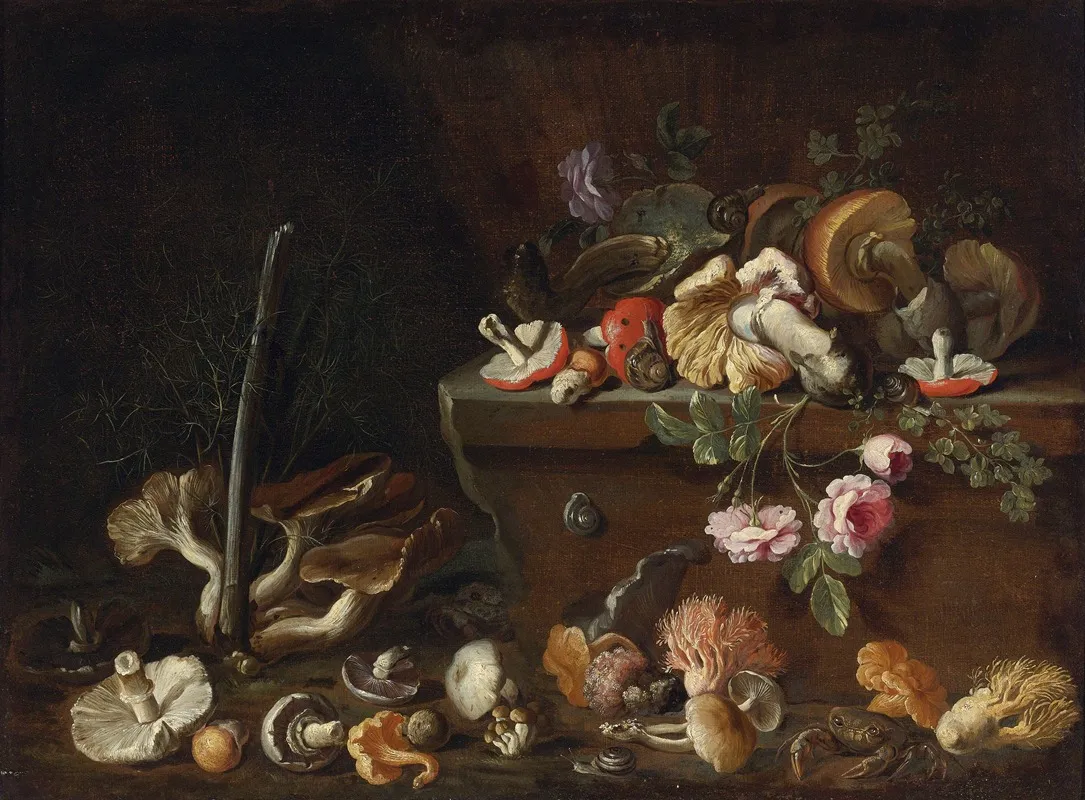 Still Life With Mushrooms And Flowers Wall Art by Simone Del Tintore - High-Resolution Digital Print