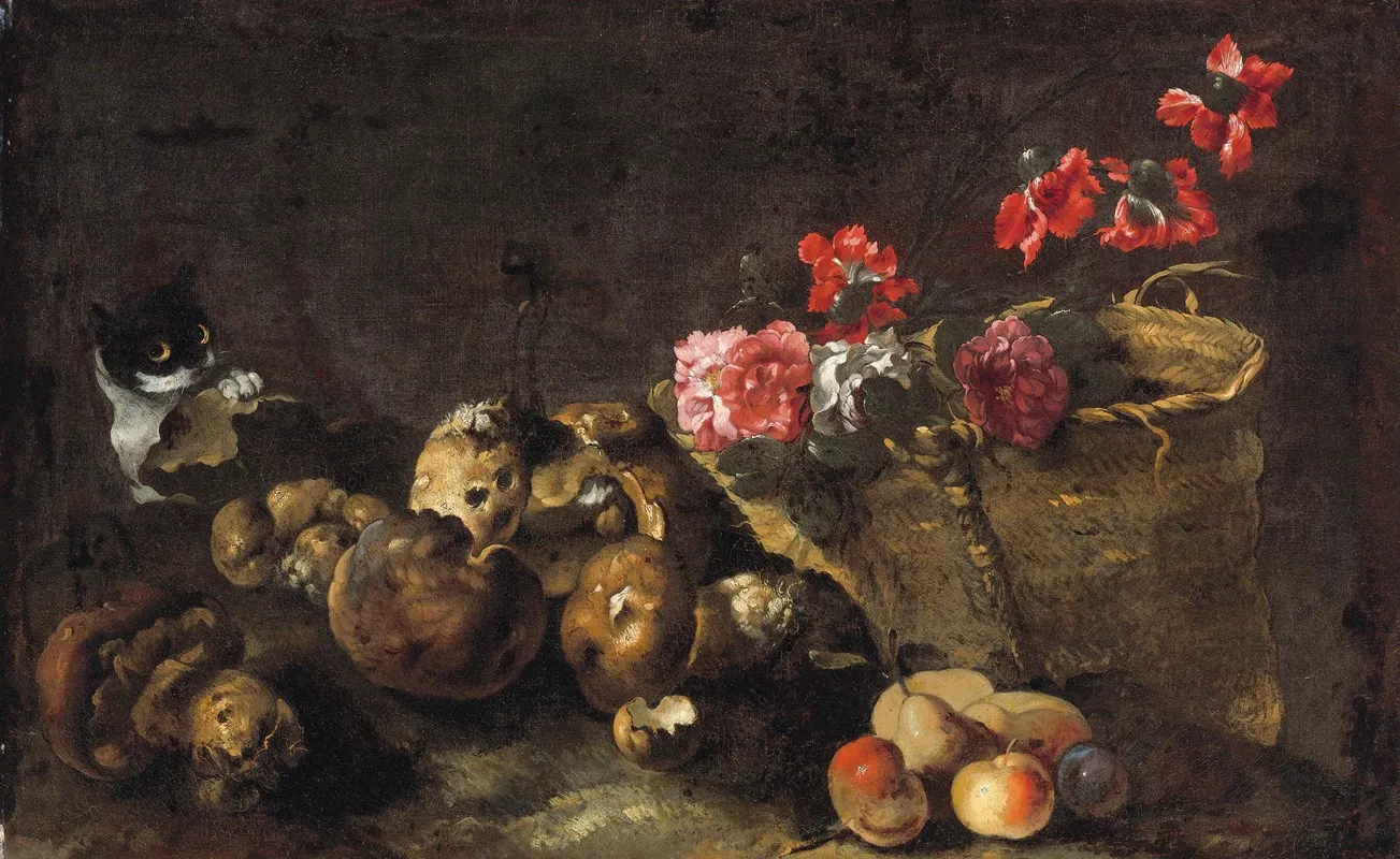 Still Life With Mushrooms Fruit A Basket Of Flowers And A Cat Wall Art by Simone Del Tintore - High-Resolution Digital Print