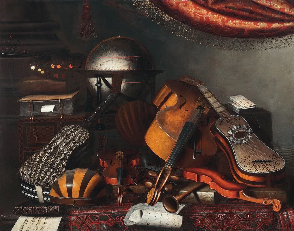 Still Life With Musical Instruments Books And Playing Cards Wall Art by Bartolomeo Bettera - High-Resolution Digital Print
