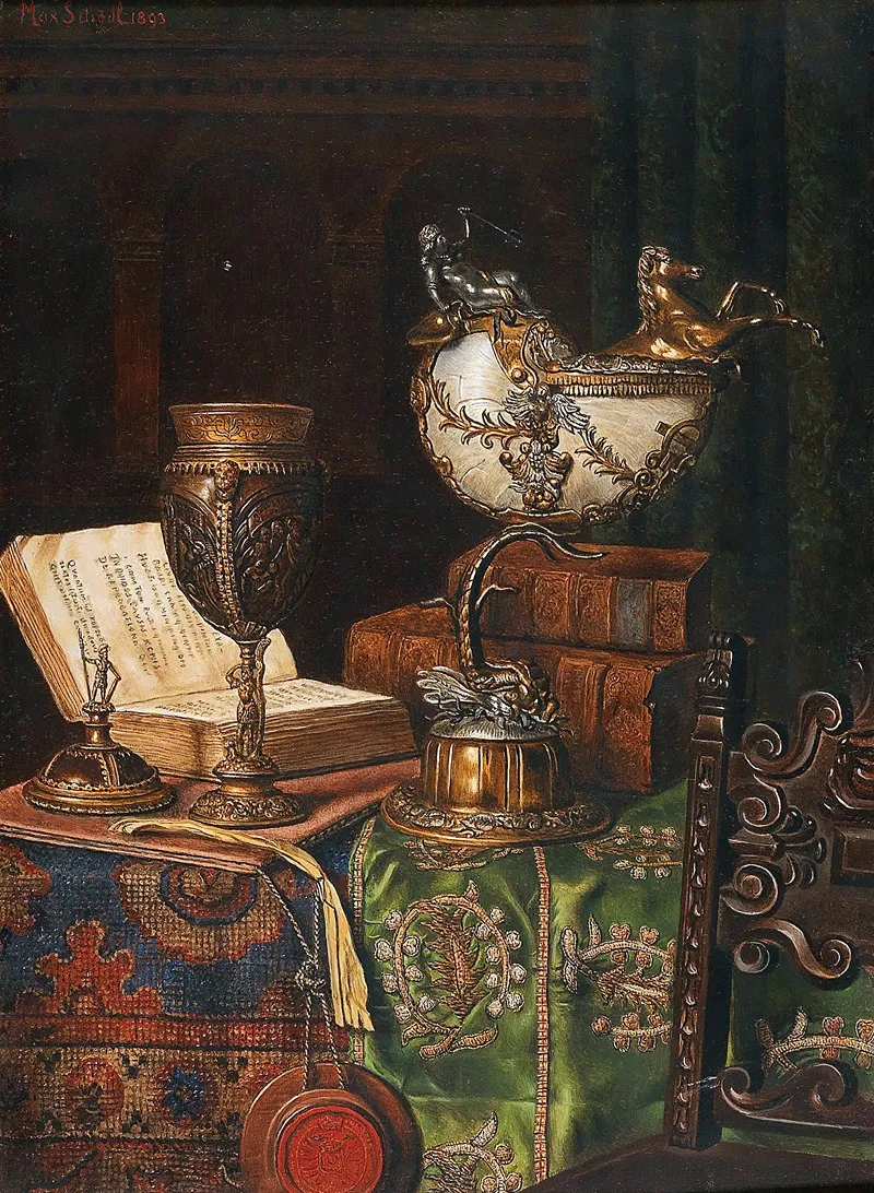 Still Life With Nautilus Goblet And Books Wall Art by Max Schödl - High-Resolution Digital Print