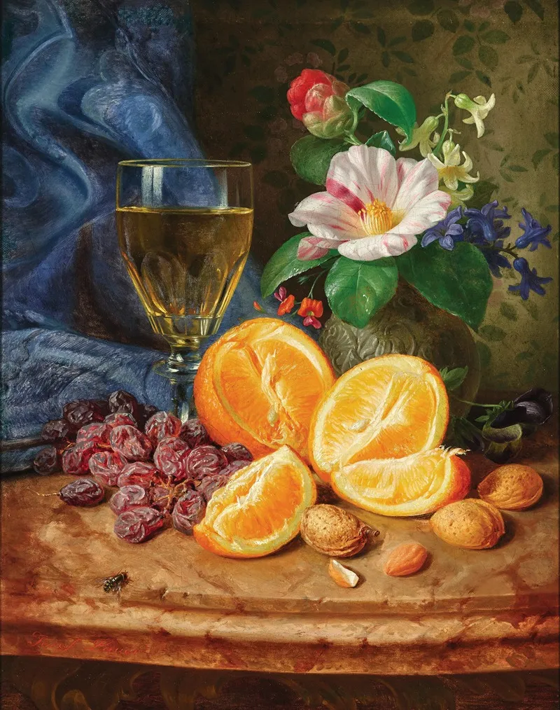 Still Life With Oranges A Wine Glass And Camellias In A Vase Wall Art by Josef Lauer - High-Resolution Digital Print