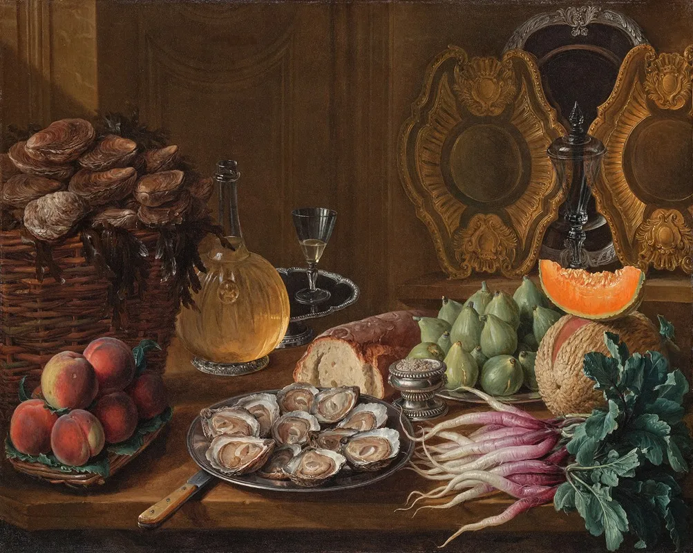 Still Life With Oysters Figs Peaches Radishes And A Melon Wall Art by Alexandre François Desportes - High-Resolution Digital Print