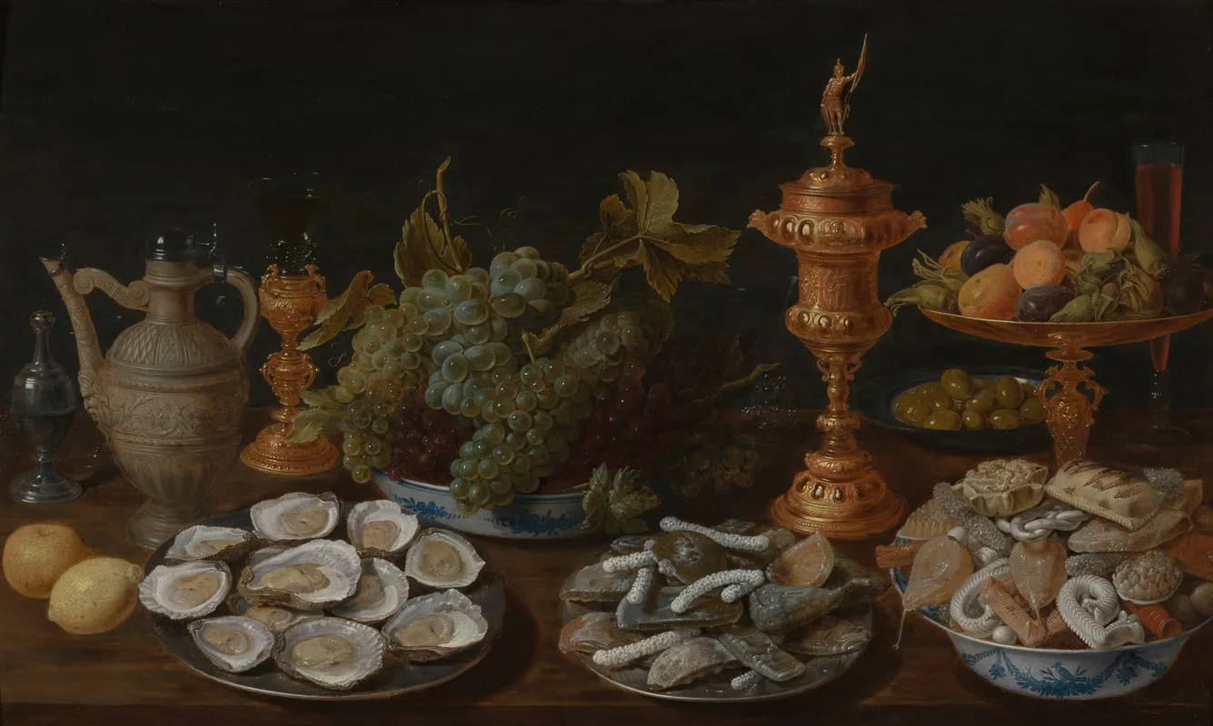 Still Life With Oysters Fruit And Pastry Wall Art by Jacob Foppens van Es - High-Resolution Digital Print