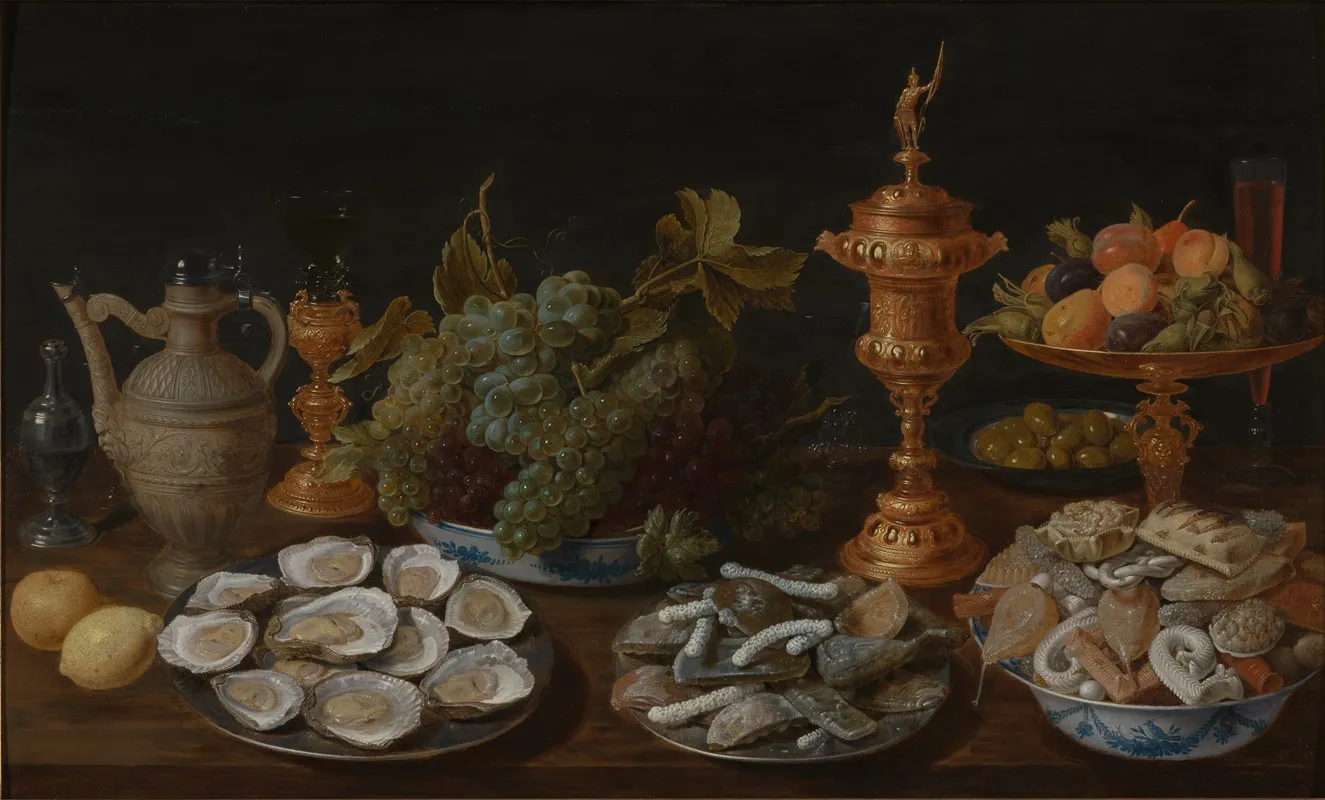Still Life With Oysters Fruit Sweets And Costly Vessels Wall Art by Jacob Foppens van Es - High-Resolution Digital Print