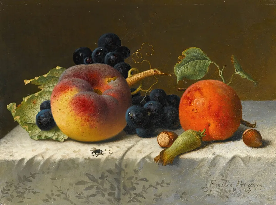 Still Life With Peach Apricot Grapes And Hazelnuts On A Tablecloth Wall Art by Emilie Preyer - High-Resolution Digital Print