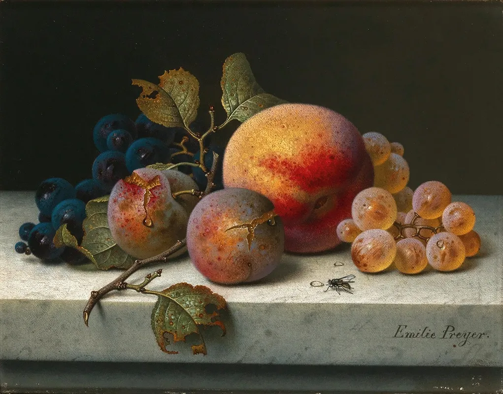 Still Life With Peach Plums Grapes And A Fly Wall Art by Emilie Preyer - High-Resolution Digital Print