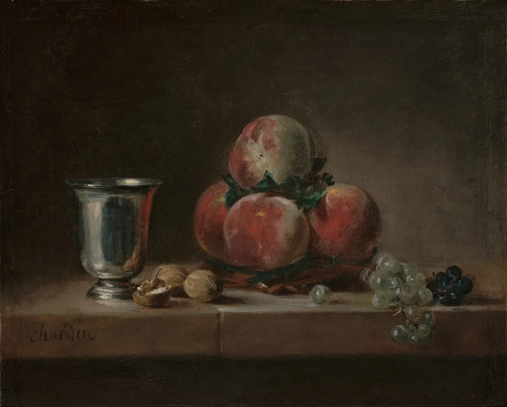 Still Life With Peaches A Silver Goblet Grapes And Walnuts Wall Art by Jean Siméon Chardin - High-Resolution Digital Print