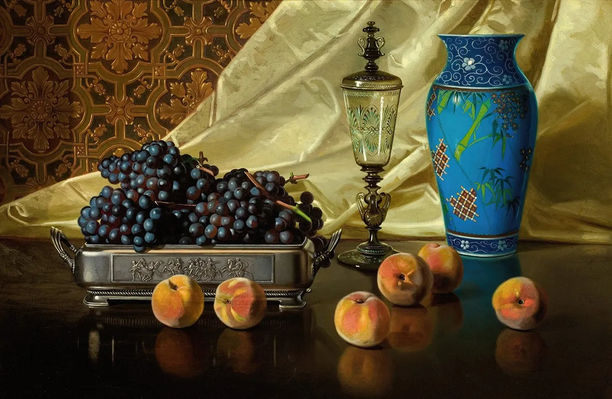 Still Life With Peaches And Grapes In A Silver Dish Wall Art by Edward Chalmers Leavitt - High-Resolution Digital Print