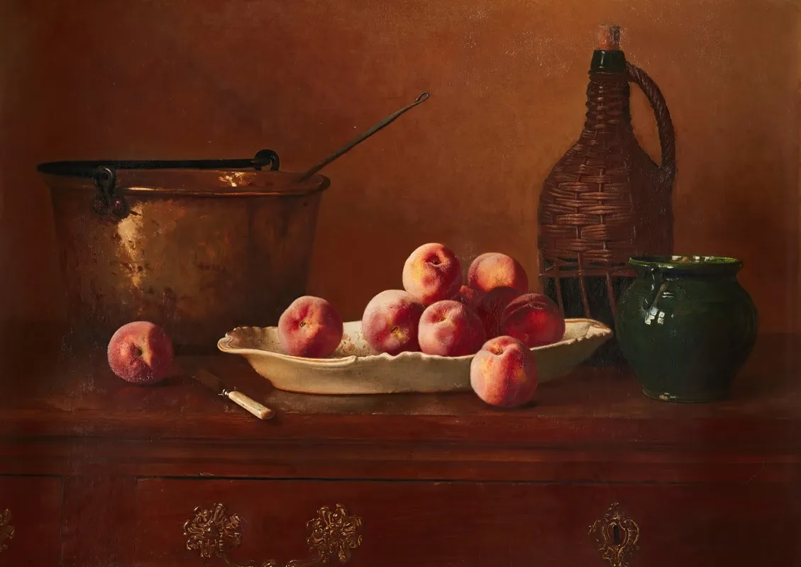 Still Life With Peaches Brass Pot Green Jug And Wine Bottle On Commode Top Wall Art by Milne Ramsey - High-Resolution Digital Print