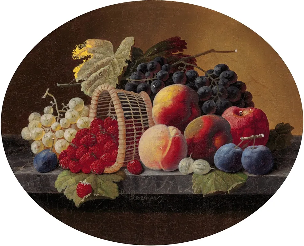 Still Life With Peaches Grapes And Basket Of Strawberries Wall Art by Severin Roesen - High-Resolution Digital Print