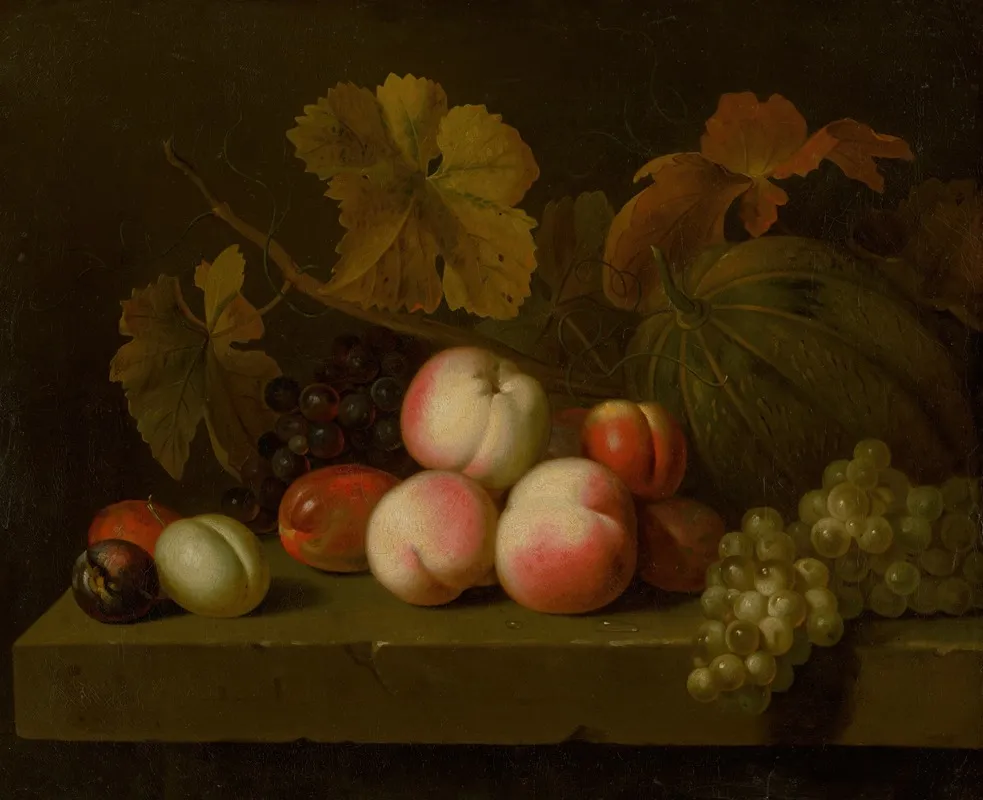 Still Life With Peaches Grapes Plums And Melon Wall Art by Jakob Bogdány - High-Resolution Digital Print