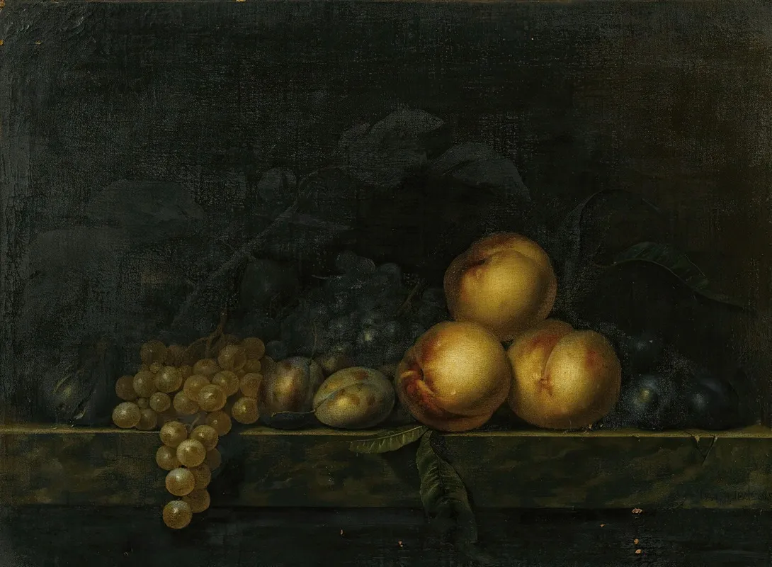 Still Life With Peaches Plums Grapes And Figs On A Marble Ledge Wall Art by Paul Liégeois - High-Resolution Digital Print