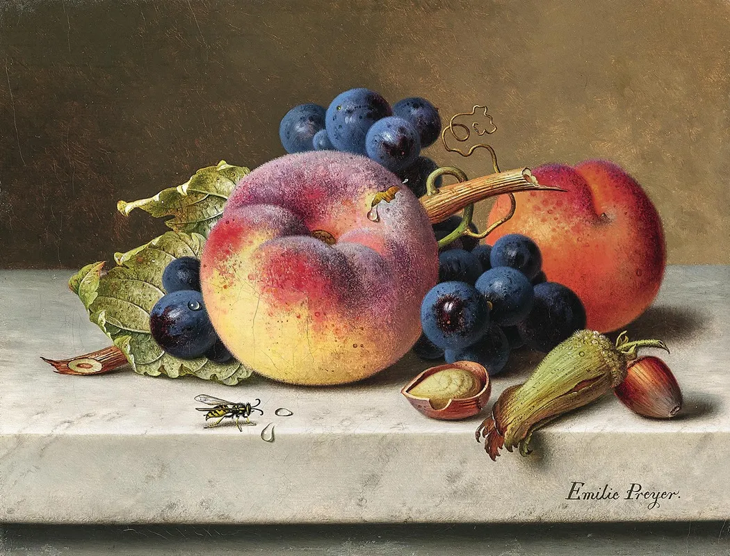 Still Life With Peaches Red Grapes Hazelnuts And A Wasp 2 Wall Art by Emilie Preyer - High-Resolution Digital Print