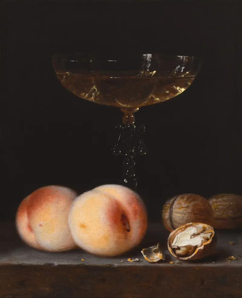 Still Life With Peaches Walnuts And A Facon De Venise Wine Glass Wall Art by Simon Luttichuys - High-Resolution Digital Print