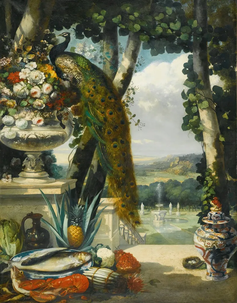 Still Life With Peacock Flowers Fruit And Japanese Vase An Extensive Park Landscape Beyond Wall Art by Narcisse-Virgile Diaz de La Peña - High-Resolution Digital Print