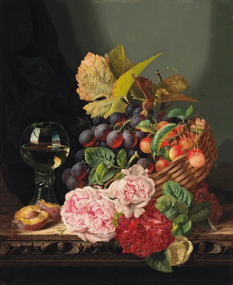 Still Life With Peonies And A Glass Of Wine Wall Art by Edward Ladell - High-Resolution Digital Print