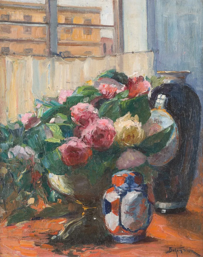 Still Life With Peonies At The Window Wall Art by Adolf Behrman - High-Resolution Digital Print