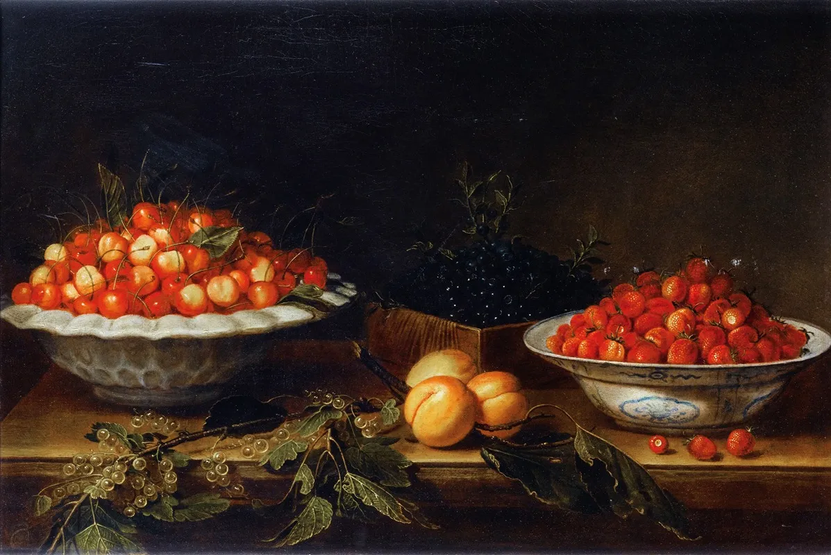 Still Life With Plate Of Cherries Wall Art by Joseph Plepp - High-Resolution Digital Print