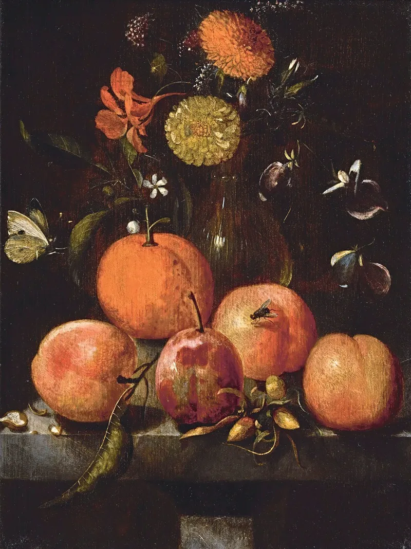 Still Life With Plums An Orange A Cabbage White Butterfly And Flowers In A Glass Vase On A Stone Ledge Wall Art by Martinus Nellius - High-Resolution Digital Print