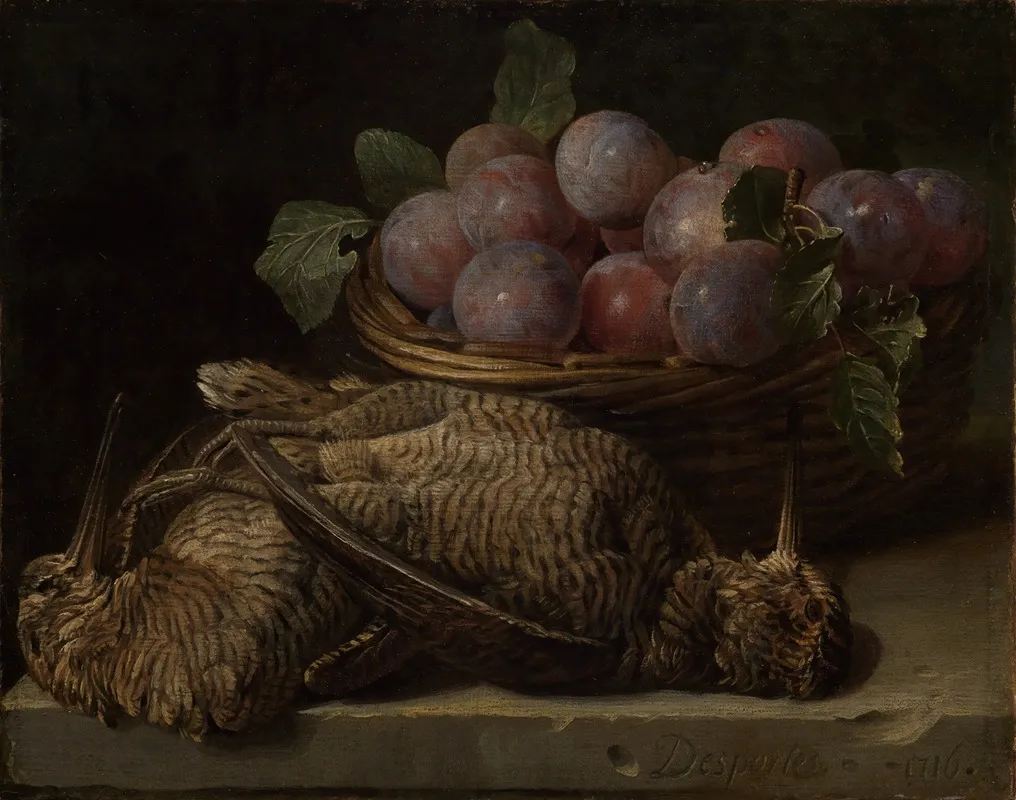 Still Life With Plums And Two Snipes On A Stone Table Wall Art by Alexandre François Desportes - High-Resolution Digital Print