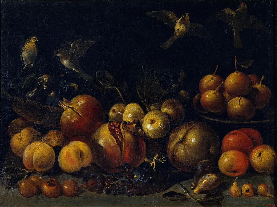 Still Life With Pomegranates Apples Pears Grapes Figs And Birds Wall Art by Tommaso Realfonso - High-Resolution Digital Print