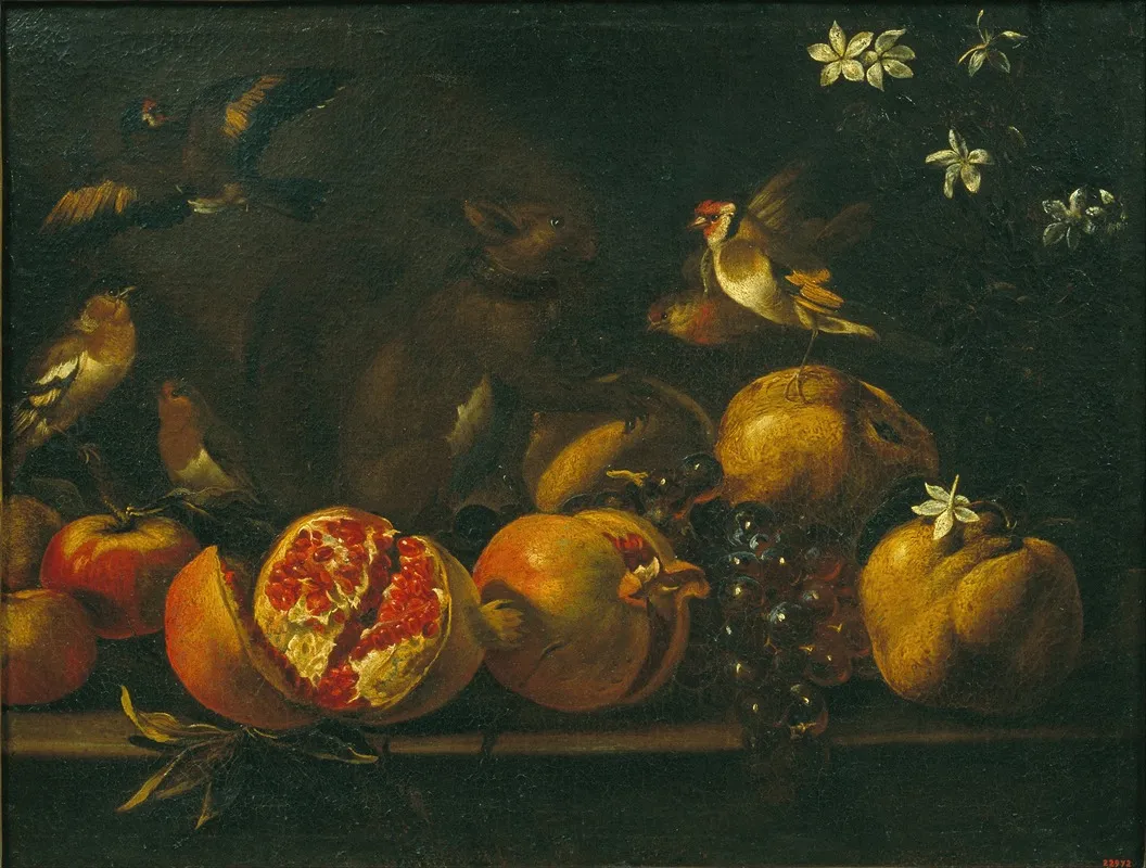 Still Life With Pomegranates Grapes Birds And A Squirrel Wall Art by Tommaso Realfonso - High-Resolution Digital Print
