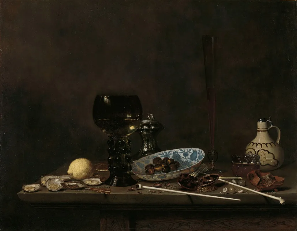 Still Life With Roemer Flute Glass Earthenware Jug And Pipes