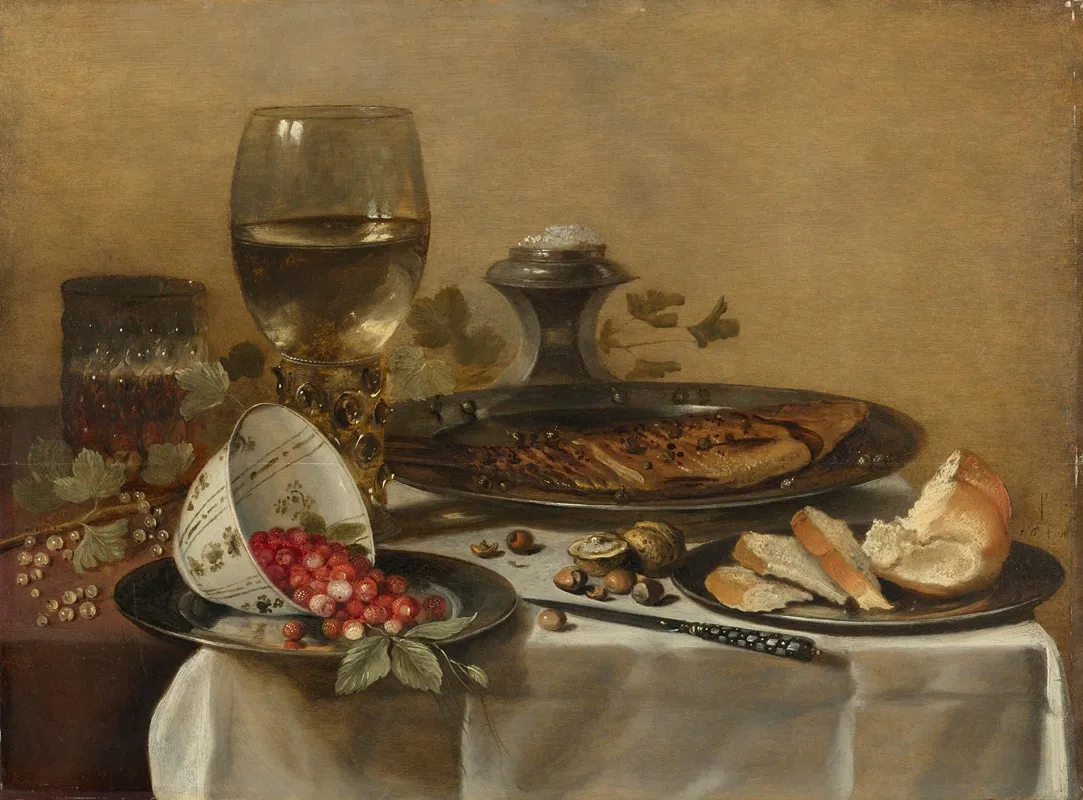 Still Life With Roemer Smoked Herring Walnuts White Currants And Wild Strawberries Wall Art by Pieter Claesz - High-Resolution Digital Print