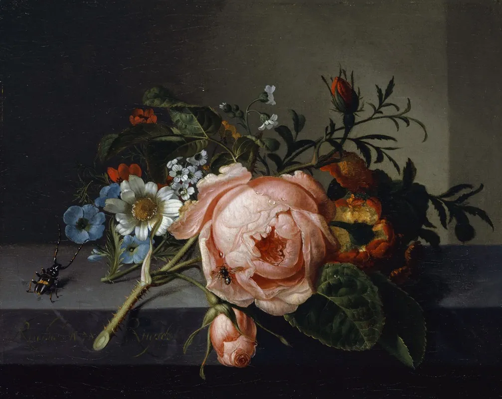 Still Life With Rose Branch Beetle And Bee Wall Art by Rachel Ruysch - High-Resolution Digital Print