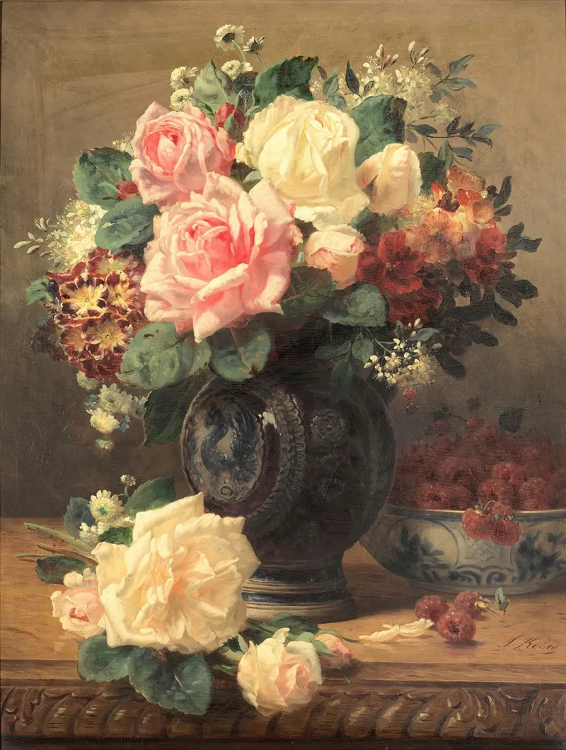 Still Life With Roses And Raspberries Wall Art by Jean-Baptiste Robie - High-Resolution Digital Print