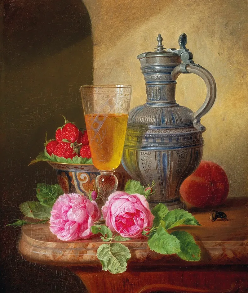 Still Life With Roses And Strawberries Wall Art by Josef Schuster - High-Resolution Digital Print