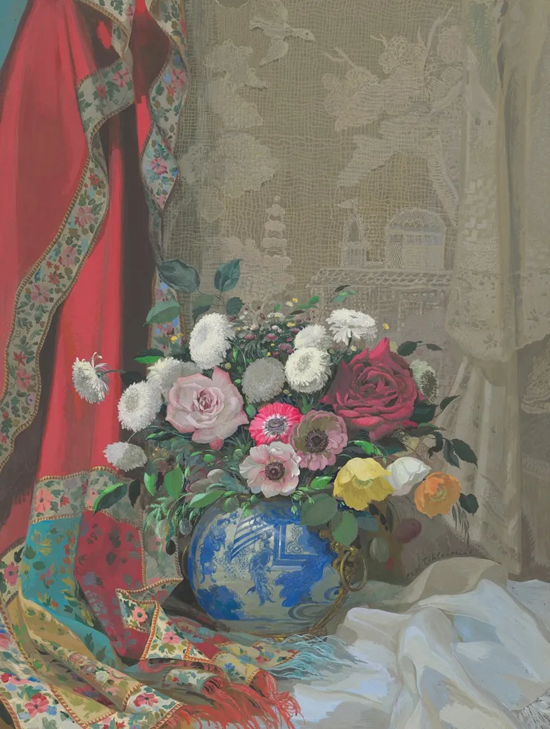 Still Life With Roses Anemones And Chrysanthemums In A Chinese Vase Wall Art by Sergei Chekhonin - High-Resolution Digital Print